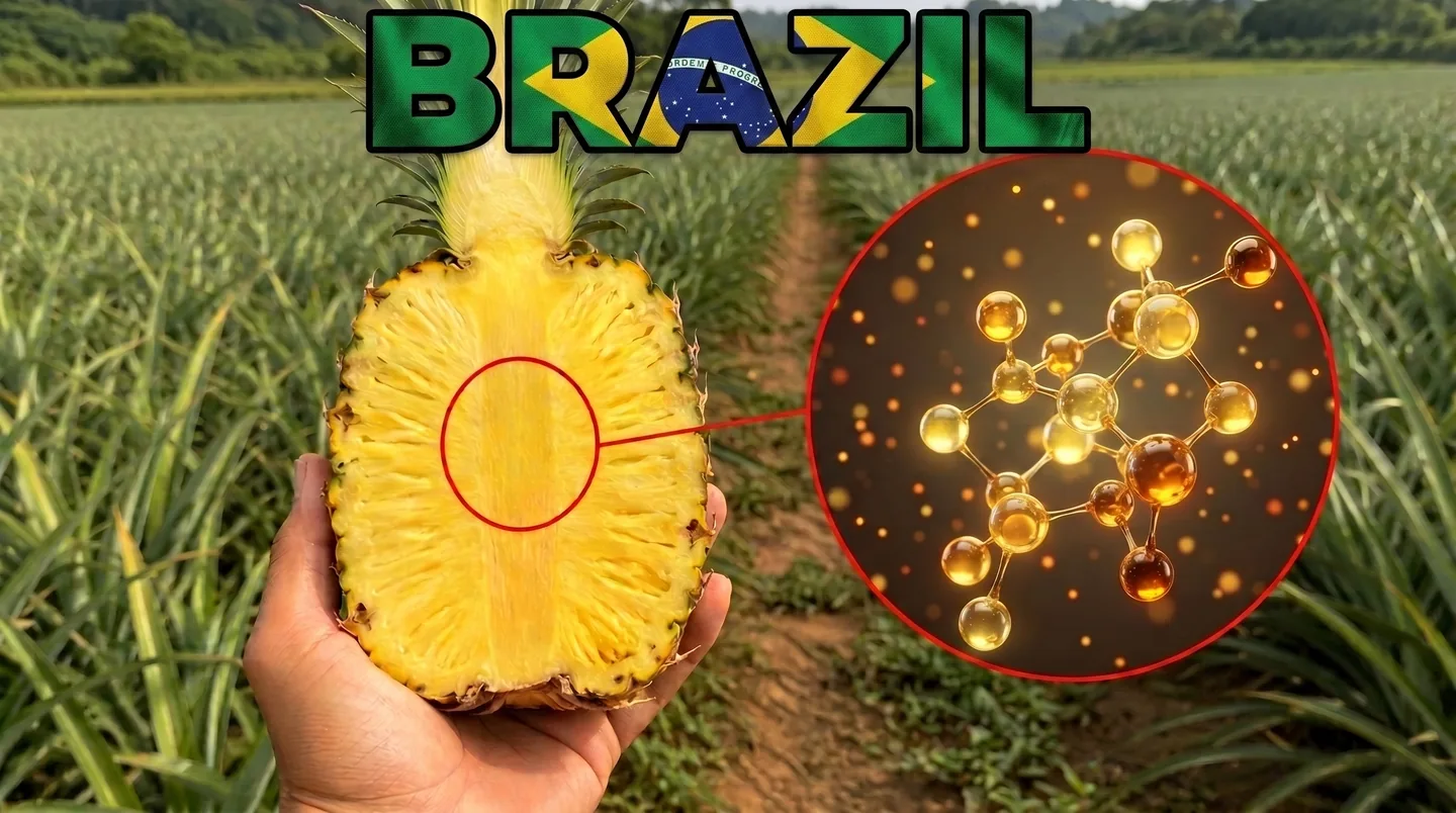 Plantação de abacaxi no Brasil, com destaque para o miolo da fruta e a estrutura molecular da enzima