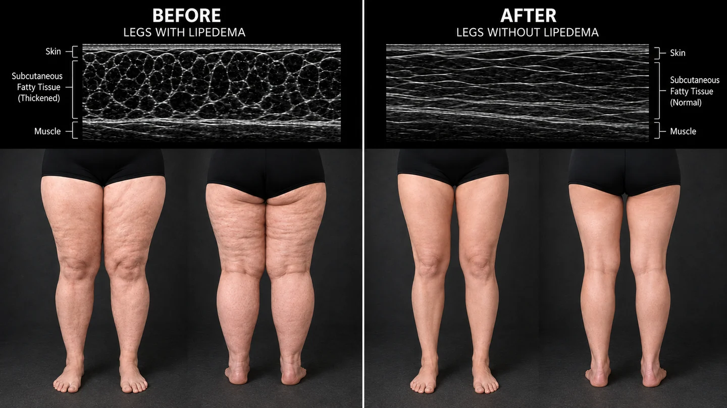Ultrassom e fotos antes e depois: pernas com lipedema e pernas sem lipedema