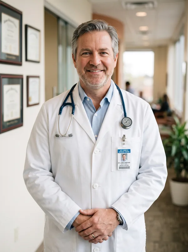 Dr. Michael Reyes de jaleco branco no corredor da clínica