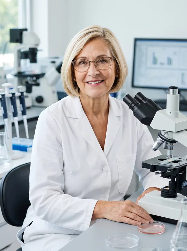 Dr. Karol Green em seu laboratório, ao lado do microscópio