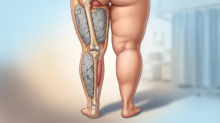 Corte anatômico mostrando gordura fibrótica endurecida na perna com lipedema