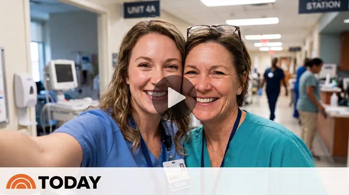 Duas enfermeiras sorrindo em uma selfie no corredor do hospital
