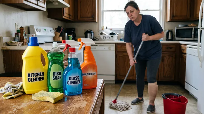 Mulher passando pano no chão da cozinha, cercada de produtos de limpeza