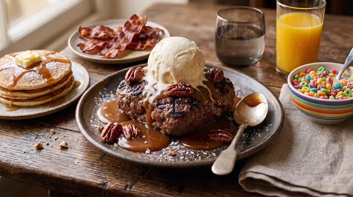 Mesa de café da manhã com panquecas, bacon, cereal colorido, suco e sobremesa com sorvete