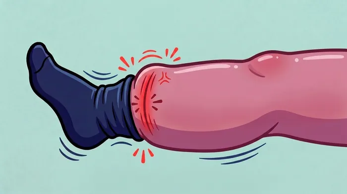 Ilustração de perna marcada e irritada pelo elástico da meia de compressão