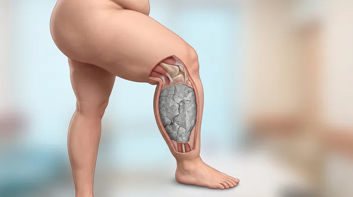 Corte anatômico da panturrilha mostrando tecido endurecido como cimento